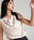 Beige Cowl Neck Top With Shoulder Pleats
